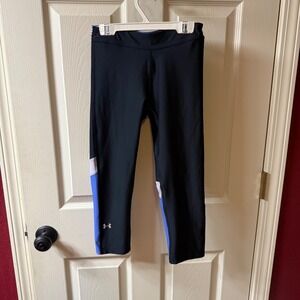 Under Armour Kids Girls Black Blue Athletic Leggings Capris HeatGear Size S